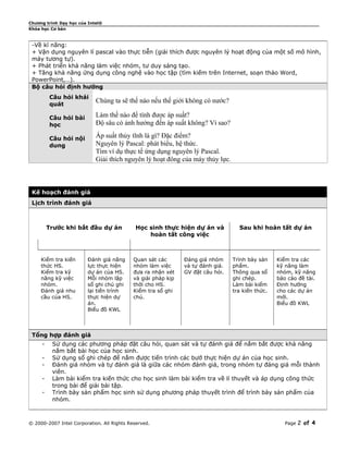 Chương trình Dạy học của Intel®
Khóa học Cơ bản
-Về kĩ năng:
+ Vận dụng nguyên lí pascal vào thực tiễn (giải thích được nguyên lý hoạt động của một số mô hình,
máy tương tự).
+ Phát triển khả năng làm việc nhóm, tư duy sáng tạo.
+ Tăng khả năng ứng dụng công nghệ vào học tập (tìm kiếm trên Internet, soạn thảo Word,
PowerPoint,…).
Bộ câu hỏi định hướng
Câu hỏi khái
quát
Chúng ta sẽ thế nào nếu thế giới không có nước?
Câu hỏi bài
học
Làm thế nào để tính được áp suất?
Độ sâu có ảnh hưởng đến áp suất không? Vì sao?
Câu hỏi nội
dung
Áp suất thủy tĩnh là gì? Đặc điểm?
Nguyên lý Pascal: phát biểu, hệ thức.
Tìm ví dụ thực tế ứng dụng nguyên lý Pascal.
Giải thích nguyên lý hoạt đông của máy thủy lực.
Kế hoạch đánh giá
Lịch trình đánh giá
Trước khi bắt đầu dự án Học sinh thực hiện dự án và
hoàn tất công việc
Sau khi hoàn tất dự án
Kiểm tra kiến
thức HS.
Kiểm tra kỹ
năng kỹ việc
nhóm.
Đánh giá nhu
cầu của HS.
Đánh giá năng
lực thực hiện
dự án của HS.
Mỗi nhóm lập
sổ ghi chú ghi
lại tiến trình
thực hiện dự
án.
Biểu đồ KWL
Quan sát các
nhóm làm việc
đưa ra nhận xét
và giải pháp kịp
thời cho HS.
Kiểm tra sổ ghi
chú.
Đáng giá nhóm
và tự đánh giá.
GV đặt câu hỏi.
Trình bày sản
phẩm.
Thông qua sổ
ghi chép.
Làm bài kiểm
tra kiến thức.
Kiểm tra các
kỹ năng làm
nhóm, kỹ năng
báo cáo đề tài.
Định hướng
cho các dự án
mới.
Biểu đồ KWL
Tổng hợp đánh giá
- Sử dụng các phương pháp đặt câu hỏi, quan sát và tự đánh giá để nắm bắt được khả năng
nắm bắt bài học của học sinh.
- Sử dụng sổ ghi chép để nắm được tiến trình các bướ thực hiện dự án của học sinh.
- Đánh giá nhóm và tự đánh giá là giữa các nhóm đánh giá, trong nhóm tự đáng giá mỗi thành
viên.
- Làm bài kiểm tra kiến thức cho học sinh làm bài kiểm tra về lí thuyết và áp dụng công thức
trong bài để giải bài tập.
- Trình bày sản phẩm học sinh sử dụng phương pháp thuyết trình để trình bày sản phẩm của
nhóm.
© 2000-2007 Intel Corporation. All Rights Reserved. Page 2 of 4
 