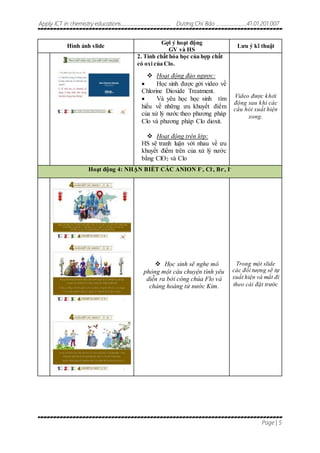 Apply ICT in chemistry educations........................................ Dương Chí Bảo .........................41.01.201.007
Page | 5
Hình ảnh slide
Gợi ý hoạt động
GV và HS
Lưu ý kĩ thuật
2. Tính chất hóa học của hợp chất
có oxi của Clo.
 Hoạt động đảo ngược:
 Học sinh được gởi video về
Chlorine Dioxide Treatment.
 Và yêu học học sinh tìm
hiểu về những ưu khuyết điểm
của xử lý nước theo phương pháp
Clo và phương pháp Clo dioxit.
 Hoạt động trên lớp:
HS sẽ tranh luận với nhau về ưu
khuyết điểm trên của xử lý nước
bằng ClO2 và Clo
Video được khởi
động sau khi các
câu hỏi xuất hiện
xong.
Hoạt động 4: NHẬN BIẾT CÁC ANION F-
, Cl-
, Br-
, I-
 Học sinh sẽ nghe mô
phỏng một câu chuyện tình yêu
diễn ra bởi công chúa Flo và
chàng hoàng tử nước Kim.
Trong một slide
các đối tượng sẽ tự
xuất hiện và mất đi
theo cài đặt trước
 