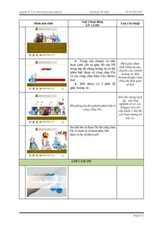 Apply ICT in chemistry educations........................................ Dương Chí Bảo .........................41.01.201.007
Page | 6
Hình ảnh slide
Gợi ý hoạt động
GV và HS
Lưu ý kĩ thuật
 Trong câu chuyện có một
hoạt cảnh cần sự giúp đỡ của HS
trong lớp để chàng hoàng tử có thể
phân biệt được cô công chúa Flo
và các công chúa khác Clo, Brom,
Iod
 Mỗi nhóm có 3 phút để
giúp hoàng tử.
Thời gian được
tính bằng sự duy
chuyển của chành
hoàng tử. Khi
hoàng tử gặp công
chúa thì thời gian
sẽ hết.
Mô phỏng lại thí nghiệmphân biệt cô
công chúa Flo.
Khi nhỏ dung dịch
Ag+
vào ống
nghiệm sẽ có các
Trigger nên chỉ
cần nhấn 1 lần thì
các hiện tượng sẽ
xảy ra.
Sau khi tìm ra được Flo thì công chúa
Flo và hoàn tử sẽ hạnh phúc bên
nhau và họ sẽ đám cưới
LỜI CẢM ƠN
 