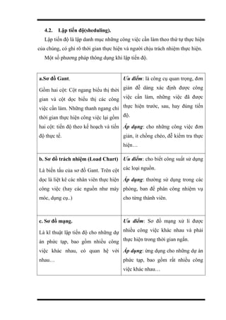 4.2. Lập tiến độ(sheduling).
Lập tiến độ là lập danh mục những công việc cần làm theo thứ tự thực hiện
của chúng, có ghi rõ thời gian thực hiện và người chịu trách nhiệm thực hiện.
Một số phương pháp thông dụng khi lập tiến độ.
a.Sơ đồ Gant.
Gồm hai cột: Cột ngang biểu thị thời
gian và cột dọc biểu thị các công
việc cần làm. Những thanh ngang chỉ
thời gian thực hiện công việc lại gồm
hai cột: tiến độ theo kế hoạch và tiến
độ thực tế.
Ưu điểm: là công cụ quan trọng, đơn
giản đễ dàng xác định được công
việc cần làm, những việc đã được
thực hiện trước, sau, hay đúng tiến
độ.
Áp dụng: cho những công việc đơn
giản, ít chồng chéo, đễ kiểm tra thực
hiện…
b. Sơ đồ trách nhiệm (Load Chart)
Là biến tấu của sơ đồ Gant. Trên cột
dọc là liệt kê các nhân viên thực hiện
công việc (hay các nguồn như máy
móc, dụng cụ..)
Ưu điểm: cho biết công suất sử dụng
các loại nguồn.
Áp dụng: thường sử dụng trong các
phòng, ban để phân công nhiệm vụ
cho từng thành viên.
c. Sơ đồ mạng.
Là kĩ thuật lập tiến độ cho những dự
án phức tạp, bao gồm nhiều công
việc khác nhau, có quan hệ với
nhau…
Ưu điểm: Sơ đồ mạng xử lí được
nhiều công việc khác nhau và phải
thực hiện trong thời gian ngắn.
Áp dụng: ứng dụng cho những dự án
phức tạp, bao gồm rất nhiều công
việc khác nhau…
 