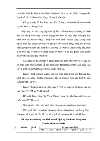kiện thực hiện kế hoạch năm cho kinh doanh dịch vụ bảo hành. Bao gồm kế
hoạch về vốn, kế hoạch lao động, kế hoạch kĩ thuật...
* Các giải pháp để thực hiện mục tiêu kế hoạch năm cho kinh doanh dịch
vụ bảo hành tại Trung Tâm:
Hiện nay các nhà cung cấp thiết bị đầu cuối điện thoại di động và FWP
đặc biệt chú ý vào công tác chất lượng bảo hành và thực hiện miễn phí bảo
hành cho cho khách hàng. Trung Tâm bảo hành Viettel cũng không nằm
ngoài mục tiêu cung cấp dịch vụ trọn gói cho khách hàng, nâng cao uy tín,
chất lượng bảo hành cho điện thoại di động và FWP doViettel cung cấp, thực
hiện mục tiêu « chăm sóc khách hàng tốt nhất ». Các giải pháp kinh doanh
dịch vụ bảo hành được lựa chọn :
- Xây dựng và hoàn thiện 4 Trung tâm bảo hành khu vực và 87 siêu thị
có nhân viên chuyên trách về bảo hành máy Homephone trên toàn quốc : cơ
sở vật chất, trang thiết bị, quy trình, tuyển nhân sự.
- Trung Tâm bảo hành Viettel với giải pháp cạnh tranh làm đại diện bảo
hành cho các hãng : Nokia, SamSung trên thị trường cung cấp thiết bị đầu
cuối ĐTDĐ và FWP.
- Trung Tâm tiến hành sử chữa máy ĐTDĐ tại toàn bộ hệ thống siêu thị
của Công Ty TM Và XNK Viettel.
- Đề xuất Tổng Công Ty Viễn Thông Quân Đội cho bảo hành và sửa
chữa máy DTDĐ giá rẻ.
- Phân tải sửa chữa, bảo hành theo đúng quy trình đã được ban hành.
* Kế hoạch điều kiện cho kinh doanh dịch vụ bảo hành của Trung Tâm :
Bao gồm kế hoạch về vốn đầu tư, kế hoạch về lao động, kế hoạch kĩ thuật...
Kế hoạch sản lượng cho kinh doanh dịch vụ bảo hành hàng năm
(Cụ thể cho năm 2009).
S
T
chỉ tiêu ĐVT Kế hoạch năm 2009
Quy1 Quy2 Quy3 Quy4 Quy5 Quy6 Tỷ
 