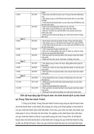 2009.
1/2/09 30/2/09 - Kiện toàn mô hình tổ chức của 4 Trung Tâm bảo hành khu
vực.
- Xây dựng xong cơ chế khoán kinh doanh dịch vụ sửa chữa
DTDĐ.
- Triển khai kinh doanh dịch vụ sửa chữa máy ĐTDĐ tại siêu
thị trên toàn quốc.
1/3/09 30/3/09 - Kiện toàn hoạt động bảo hành tại các siêu thị .
- Xây dựng xong hệ thống các quy trình bảo hành.
- Đào tạo và kiểm tra toàn bộ nhân viên chuyên trách bảo
hành toàn quốc.
- Đánh gía toàn diện hoạt động sản xuất kinh doanh 6 tháng
đầu năm.
Quý 2
1/4/09 30/4/09 - Hoàn thiện toàn bộ mô hình tổ chức Trung tâm bảo hành.
- Xây dựng xong cơ chế khoán kinh doanh sửa chữa ĐTDĐ.
- Triển khai kinh doanh dịch vụ sửa chữa máy ĐTDĐ tại siêu
thị trên toàn quốc.
1/5/09 30/5/09 - Viết xong toàn bộ giáo trình đào tạo.
- Đưa vào sử dụng phần mền quản lý nhân sự, quản lý công
việc tại các trung tâm Bảo hành.
1/6/09 30/6/09 - Đào tạo kiểm tra toàn bộ nhân viên chuyên trách bảo hành
toàn quốc.
- Đánh giá nhu cầu vật tư, linh kiện, 6 tháng cuối năm.
Quý 3
1/7/09 30/7/09 - Xây dựng xong và đưa vào hoạt động phần mềm quản lý
bảo hành.
1/8/09 30/8/09 - Thanh tra , kiểm tra các trung tâm bảo hành và siêu thị trên
toàn quốc.
1/9/09 30/9/09 - Đào tạo kiểm tra toàn bộ nhân viên chuyên trách bảo hành
toàn quốc.
Quý 4
1/10/09 30/10/09 - Hoàn thành đề án các ý tưởng về khắc phục Pin cho máy
Homphone.
1/11/09 30/11/09 - Đánh giá toàn bộ triển khai kinh doanh dịch vụ sửa chữa
máy ĐTDĐ.
- Kiểm tra hoạt động kho toàn quốc.
1/12/09 30/12/09 - Đào tạo kiểm tra toàn bộ nhân viên chuyên trách bảo hành
toàn quốc.
- Đánh giá toàn diện hoạt động sản xuất kinh doanh năm.
Tiến độ hoạt động lập kế hoạch năm cho kinh doanh dịch vụ bảo hành
tại Trung Tâm bảo hành Viettel.
* Công cụ kỹ thuật: Trung Tâm bảo hành Viettel trong công tác lập kế hoạch năm
cho kinh doanh dịch vụ bảo hành, đã sử dụng các công cụ kĩ thuật nghiệp vụ bảo hành là
các quy trình bảo hành: Quy trình tiếp nhận và trả máy; quy trình sửa chữa, bảo hành; quy
trình quản lí vật tư, linh kiện cho bảo hành. Do nghiệp vụ bảo hành được thực hiện theo
các quy trình bảo hành có thứ tự và quy định chung cho toàn Trung Tâm, do đó lập kế
hoạch năm cho kinh doanh dịch vụ bảo hành cần sử dụng các quy trình bảo hành là công
cụ đắc lực để lập kế hoạch. Theo các quy trình bảo hành lần lượt các kế hoạch điều kiện:
 