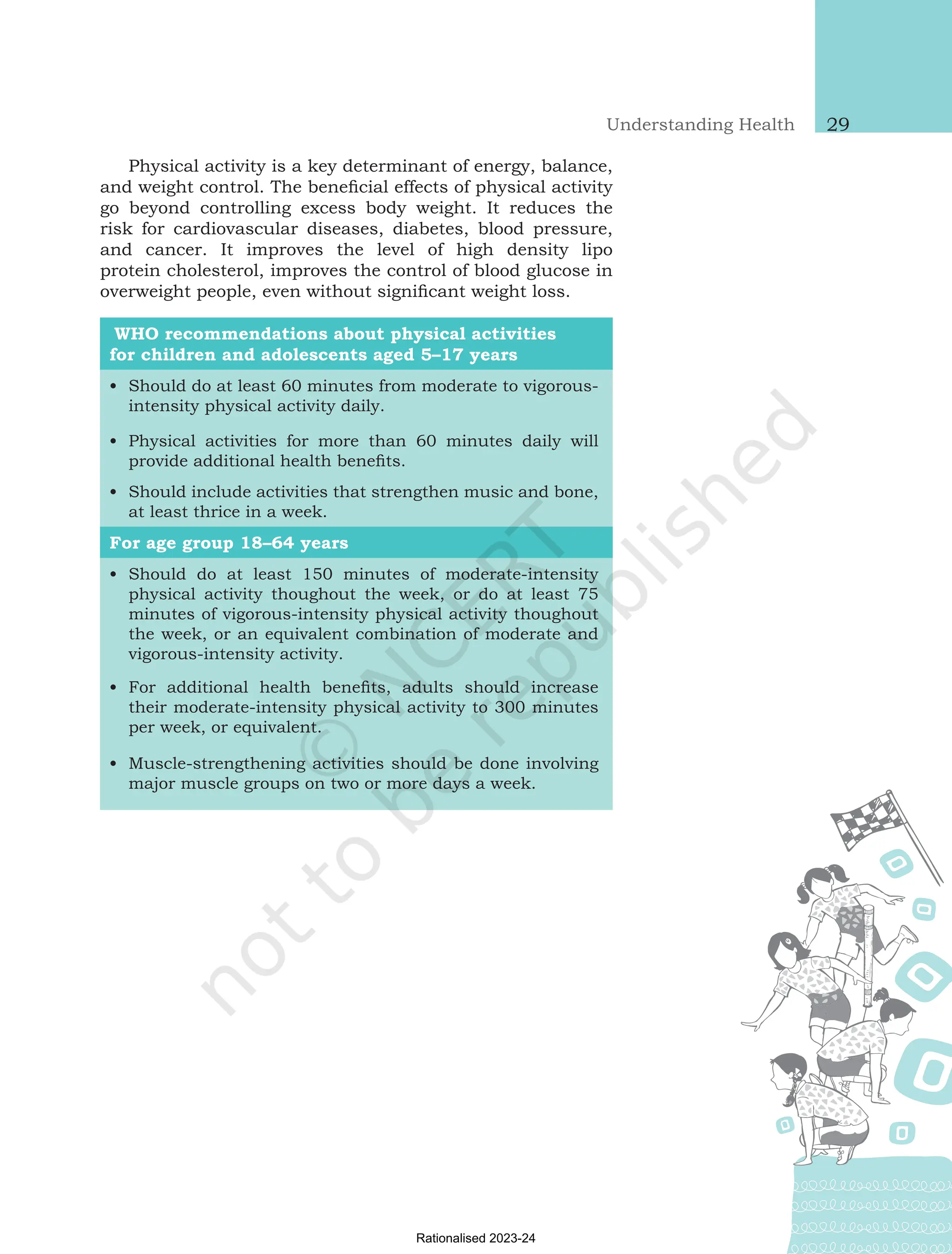Understanding Health 29
Physical activity is a key determinant of energy, balance,
and weight control. The beneficial effects of physical activity
go beyond controlling excess body weight. It reduces the
risk for cardiovascular diseases, diabetes, blood pressure,
and cancer. It improves the level of high density lipo
protein cholesterol, improves the control of blood glucose in
overweight people, even without significant weight loss.
WHO recommendations about physical activities
for children and adolescents aged 5–17 years
•
• Should do at least 60 minutes from moderate to vigorous-
intensity physical activity daily.
•
• Physical activities for more than 60 minutes daily will
provide additional health benefits.
•
• Should include activities that strengthen music and bone,
at least thrice in a week.
For age group 18–64 years
•
• Should do at least 150 minutes of moderate-intensity
physical activity thoughout the week, or do at least 75
minutes of vigorous-intensity physical activity thoughout
the week, or an equivalent combination of moderate and
vigorous-intensity activity.
•
• For additional health benefits, adults should increase
their moderate-intensity physical activity to 300 minutes
per week, or equivalent.
•
• Muscle-strengthening activities should be done involving
major muscle groups on two or more days a week.
Chap-2.indd 29 31-07-2020 15:25:12
Rationalised 2023-24
 
