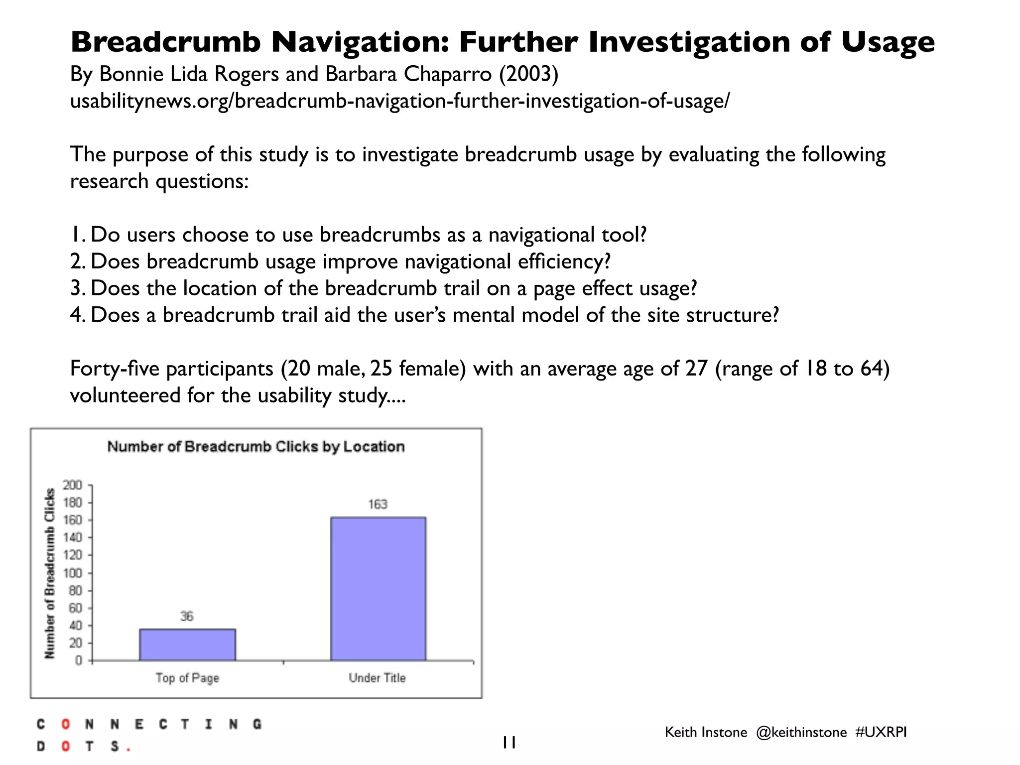 Keith Instone @keithinstone #UXRPI
11
Breadcrumb Navigation: Further Investigation of Usage
By Bonnie Lida Rogers and Barbara Chaparro (2003)
usabilitynews.org/breadcrumb-navigation-further-investigation-of-usage/
The purpose of this study is to investigate breadcrumb usage by evaluating the following
research questions:
1. Do users choose to use breadcrumbs as a navigational tool?
2. Does breadcrumb usage improve navigational efﬁciency?
3. Does the location of the breadcrumb trail on a page effect usage?
4. Does a breadcrumb trail aid the user’s mental model of the site structure?
Forty-ﬁve participants (20 male, 25 female) with an average age of 27 (range of 18 to 64)
volunteered for the usability study....
 