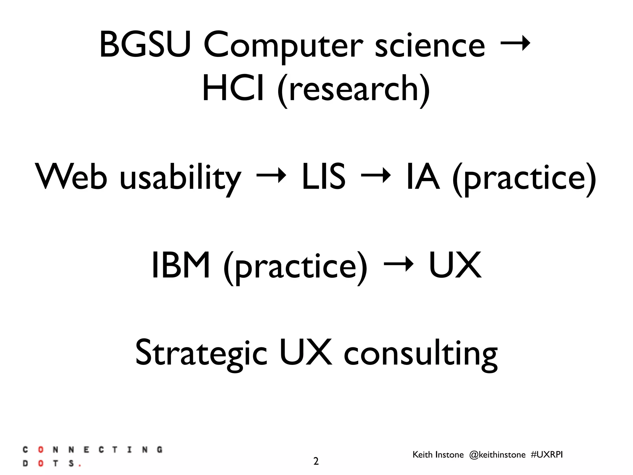 Keith Instone @keithinstone #UXRPI
2
BGSU Computer science →
HCI (research)
Web usability → LIS → IA (practice)
IBM (practice) → UX
Strategic UX consulting
 