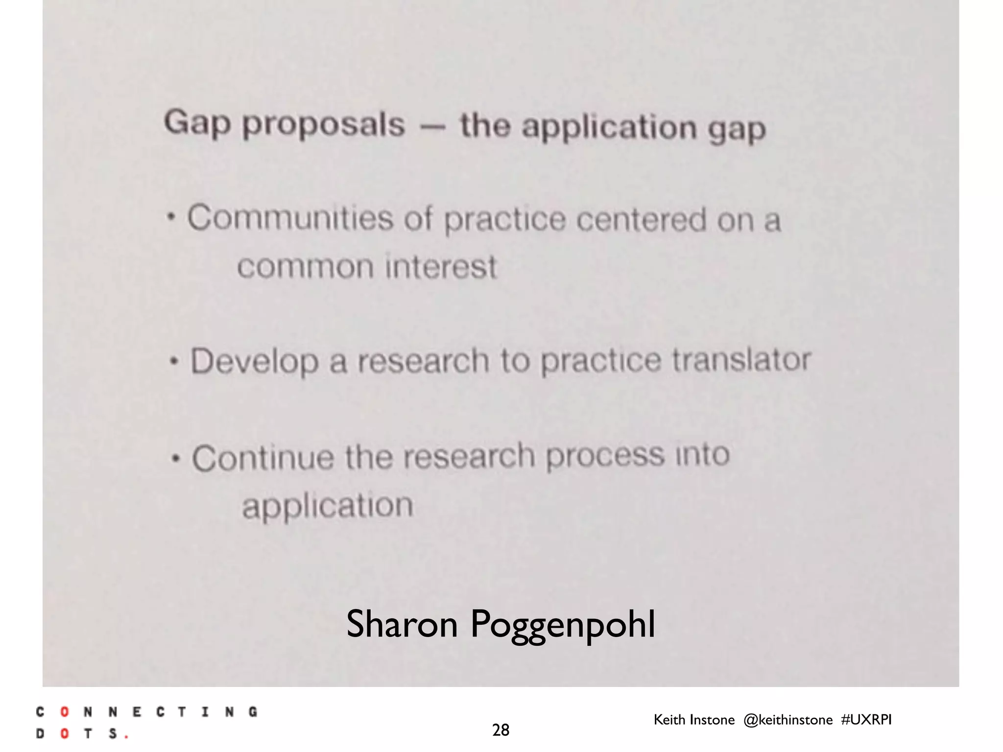 Keith Instone @keithinstone #UXRPI
28
Sharon Poggenpohl
 