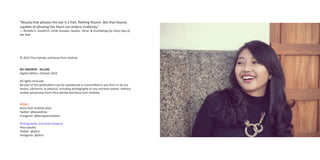 ? 2015 Pitra Satvika and Kezia Putri Andinta
KEI ANDINTA - ALLURE
Digital Edition, October 2015
All rights reserved.
No part of this publication may be reproduced or transmitted in any form or by any
means, electronic or physical, including photography or any retrieval system, without
written permission from Pitra Satvika and Kezia Putri Andinta.
Model
Kezia Putri Andinta (Kei)
Twitter: @keiandinta
Instagram: @keziaputriandinta
Photographer and Book Designer
Pitra Satvika
Twitter: @pitra
Instagram: @pitra
Beauty that pleases the eye is a frail, fleeting illusion. But that beauty
capable of pleasing the heart can endure endlessly.
D Richelle E. Goodrich, Smile Anyway: Quotes, Verse, & Grumblings for Every Day of
the Year
 