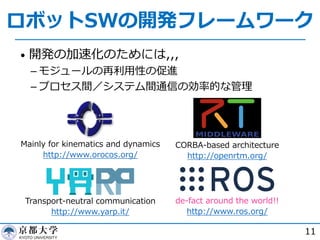 ロボットSWの開発フレームワーク
• 開発の加速化のためには,,,
­ モジュールの再利⽤性の促進
­ プロセス間／システム間通信の効率的な管理
11
CORBA-based architecture
http://openrtm.org/
Transport-neutral communication
http://www.yarp.it/
Mainly for kinematics and dynamics
http://www.orocos.org/
de-fact around the world!!
http://www.ros.org/
 