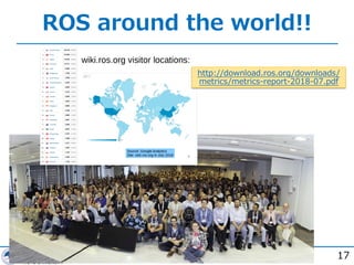 ROS around the world!!
17
http://download.ros.org/downloads/
metrics/metrics-report-2018-07.pdf
 