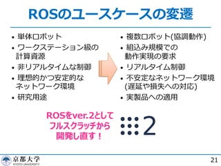 ROSのユースケースの変遷
• 単体ロボット
• ワークステーション級の
計算資源
• ⾮リアルタイムな制御
• 理想的かつ安定的な
ネットワーク環境
• 研究⽤途
21
• 複数ロボット(協調動作)
• 組込み規模での
動作実現の要求
• リアルタイム制御
• 不安定なネットワーク環境
(遅延や損失への対応)
• 実製品への適⽤
ROSをver.2として
フルスクラッチから
開発し直す︕
 