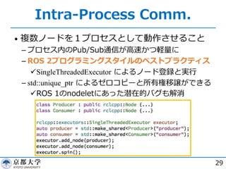 Intra-Process Comm.
• 複数ノードを１プロセスとして動作させること
­ プロセス内のPub/Sub通信が⾼速かつ軽量に
­ ROS 2プログラミングスタイルのベストプラクティス
üSingleThreadedExecutor によるノード登録と実⾏
­ std::unique_ptr によるゼロコピーと所有権移譲ができる
üROS 1のnodeletにあった潜在的バグも解消
29
 