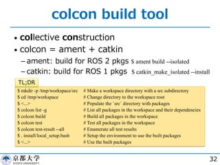 colcon build tool
• collective construction
• colcon = ament + catkin
­ ament: build for ROS 2 pkgs $ ament build --isolated
­ catkin: build for ROS 1 pkgs $ catkin_make_isolated --install
32
$ mkdir -p /tmp/workspace/src # Make a workspace directory with a src subdirectory
$ cd /tmp/workspace # Change directory to the workspace root
$ <...> # Populate the `src` directory with packages
$ colcon list -g # List all packages in the workspace and their dependencies
$ colcon build # Build all packages in the workspace
$ colcon test # Test all packages in the workspace
$ colcon test-result --all # Enumerate all test results
$ . install/local_setup.bash # Setup the environment to use the built packages
$ <...> # Use the built packages
TL;DR
 