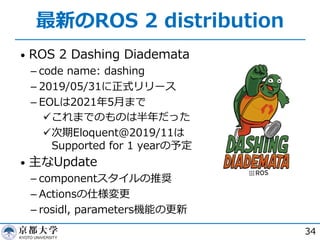 最新のROS 2 distribution
• ROS 2 Dashing Diademata
­ code name: dashing
­ 2019/05/31に正式リリース
­ EOLは2021年5⽉まで
üこれまでのものは半年だった
ü次期Eloquent＠2019/11は
Supported for 1 yearの予定
• 主なUpdate
­ componentスタイルの推奨
­ Actionsの仕様変更
­ rosidl, parameters機能の更新
34
 