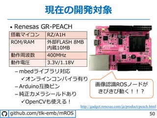 現在の開発対象
• Renesas GR-PEACH
­ mbedライブラリ対応
üオンラインコンパイラ有り
­ Arduino互換ピン
­ 純正カメラシールドあり
üOpenCVも使える︕
50
http://gadget.renesas.com/ja/product/peach.html
搭載マイコン RZ/A1H
ROM/RAM 外部FLASH 8MB
内蔵10MB
動作周波数 400MHz
動作電圧 3.3V/1.18V
画像認識ROSノードが
きびきび動く︕︕︖
. / - .
 