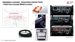 22
Instrument Panel
Adaptation example : Automotive Interior Parts
- Paint free concept (Mold-in-color)
Mitsubishi Chemical America
Provided by Suzuki
 
