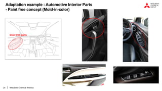 24
Door trim parts
Adaptation example : Automotive Interior Parts
- Paint free concept (Mold-in-color)
Mitsubishi Chemical America
 