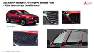 25
Provided by Mazda
Adaptation example : Automotive Exterior Parts
- Paint free concept (Mold-in-color)
Mitsubishi Chemical America
 