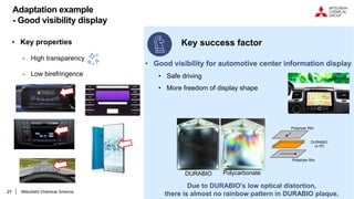 27
Adaptation example
- Good visibility display
27
• Key properties
- High transparency
- Low birefringence
Key success factor
• Good visibility for automotive center information display
• Safe driving
• More freedom of display shape
Polarizer film
DURABIO
or PC
Polarizer film
Due to DURABIO's low optical distortion,
there is almost no rainbow pattern in DURABIO plaque.
Mitsubishi Chemical America
Polycarbonate
DURABIO
 