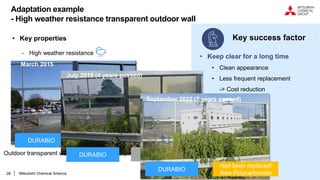 28
Adaptation example
- High weather resistance transparent outdoor wall
• Key properties
- High weather resistance
- High Transparency
Key success factor
• Keep clear for a long time
• Clean appearance
• Less frequent replacement
-> Cost reduction
March 2015
DURABIO Polycarbonate
Outdoor transparent wall in Tokyo-Nagoya Expressway
July 2019 (4 years passed)
DURABIO Polycarbonate
September 2022 (7 years passed)
DURABIO
Had been replaced!
New Polycarbonate
Mitsubishi Chemical America
 