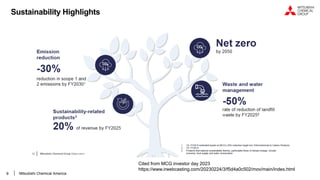 9 Mitsubishi Chemical America
Sustainability Highlights
Cited from MCG investor day 2023
https://www.irwebcasting.com/20230224/3/f5d4a0c502/mov/main/index.html
 