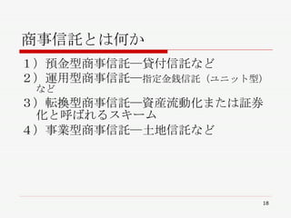 商事信託とは何か １）預金型商事信託―貸付信託など ２）運用型商事信託― 指定金銭信託（ユニット型）など ３）転換型商事信託―資産流動化または証券化と呼ばれるスキーム ４）事業型商事信託―土地信託など 　 