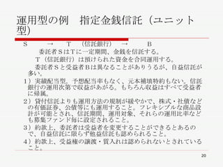 運用型の例　指定金銭信託（ユニット型） 　Ｓ　　　->　　Ｔ　（信託銀行）　->　　　Ｂ 委託者ＳはＴに一定期間、金銭を信託する。 　　　Ｔ（信託銀行）は預けられた資金を合同運用する。 　　　委託者Ｓと受益者Ｂは異なることがありうるが、自益信託が多い。 　１）実績配当型。予想配当率もなく、元本補填特約もない。信託銀行の運用次第で収益があがる。もちろん収益はすべて受益者に帰属。 　２）貸付信託よりも運用方法の規制が緩やかで、株式・社債などの有価証券、公債等にも運用すること。フレキシブルな商品設計が可能とされ、信託期間、運用対象、それらの運用比率なども募集ファンド毎に設定されること。 　３）約款上、委託者は受益者を変更することができるとあるので、自益信託に限らず他益信託も認められること。 　４）約款上、受益権の譲渡・質入れは認められないとされていること。 