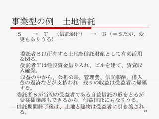 事業型の例　土地信託 　Ｓ　　->　Ｔ　（信託銀行）　->　Ｂ（＝Ｓだが、変更もありうる） 委託者Ｓは所有する土地を信託財産として有効活用を図る。 　受託者Ｔは建設資金借り入れ、ビルを建て、賃貸収入確保。 　収益の中から、公租公課、管理費、信託報酬、借入金の返済などが支払われ、残りの収益は受益者に帰属する。 　委託者Ｓが当初の受益者である自益信託の形をとるが受益権譲渡もできるから、他益信託にもなりうる。 　信託期間終了後は、土地と建物は受益者に引き渡される。 