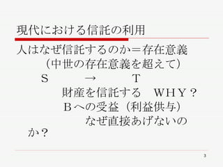 現代における信託の利用 人はなぜ信託するのか＝存在意義 　　（中世の存在意義を超えて） 　　Ｓ　　　->　　　Ｔ 　　　　財産を信託する　ＷＨＹ？ 　　　　Ｂへの受益（利益供与） 　　　　　　なぜ直接あげないのか？ 