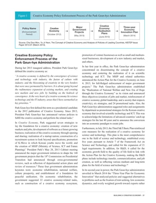 BUILDING A CREATIVE ECONOMY - 37
Creative Economy Policy
Enforcement Process of the
Park Geun-hye Administration
During her 2013 inaugural address, President Park Geun-hye
defined the creative economy as:
“A creative economy is defined by the convergence of science
and technology with industry, the fusion of culture with
industry, and the blossoming of creativity in the very borders
that were once permeated by barriers. It is about going beyond
the rudimentary expansion of existing markets, and creating
new markets and new jobs by building on the bedrock of
convergence. At the very heart of a creative economy lie science
technology and the IT industry, areas that I have earmarked as
key priorities.”5
Park Geun-hye first defined this term as a presidential candidate
in the 2012 publication of Creative Economy. Since 2013,
President Park Geun-hye has announced various policies to
fulfill the creative economy and perform the related tasks.6
In Creative Economy, Park suggested seven strategies to
lay the foundation for a creative economy: creation of new
markets and jobs; development of software as a future growing
business; realization of the creative economy through opening
and sharing; realization of a startup nation; construction of a
recruitment system to look beyond specifications; promotion
of K-Move in which Korean youths move the world; and
the creation of MSIP (Ministry of Science, ICT and Future
Planning).7
President Park’s May 28, 2013 Cabinet meeting
announced the major government initiatives to shape the 140
government projects that the 18th
Commission on Presidential
Transition had announced through cross-governmental
reviews, such as reflection of departmental action plans and
review of resources.8
These four government administration
keynotes were: economic rehabilitation, national welfare,
culture prosperity, and establishment of a foundation for
peaceful unification. On economic rehabilitation, the
government suggested 22 creative economy-related tasks,
such as construction of a creative economy ecosystem,
promotion of venture businesses as well as small and medium-
sized businesses, development of a new industry and market,
and others.
In her first year in office, the Park Geun-hye administration
concentrated on disseminating the concept of a creative
economy and centering the realization of it on scientific
technology and ICT. The MSIP and related authorities
announced the Action Plan for the Creative Economy on June
4, 2013, for full-fledged enforcement of major government
projects.9
The Park Geun-hye administration established
the “Realization of National Welfare and New Era of Hope
through the Creative Economy” as its vision and announced
three objectives (creation of jobs and market, reinforcement of
creative economy global leadership, and a society that respects
creativity), six strategies, and 24 promotional tasks. Also, the
Park Geun-hye administration suggested roles and assignments
by department as promotional strategies for the Korean creative
economy that involved scientific technology and ICT. This was
to acknowledge the limitations of advanced countries’catch-up
strategies for the last 40 years and to announce the conversion
into an economic paradigm to create jobs.
Furthermore, in July 2013, the Third S&T Basic Plan reinforced
core measures for the realization of a creative economy for
science and technology. This plan is the most comprehensive
one in the field of science and technology, established every
five years pursuant to Article 7 of the Framework Act on
Science and Technology, and called for the expansion of 21
legal requirements. In addition, for R&D, it called for the
economic growth field to the quality of life field to link with
the Action Plan for the Creative Economy, making the R&D
phase include technology transfer, commercialization, and job
creation, as well as reflecting various medium and long-term
plans for the field of science and technology.10
In its second year in power, the Park Geun-hye administration
unveiled in March 2014 the “Three-Year Plan for Economic
Innovation” that analyzed policies and suggested alternatives
to problems such as the fixation of rent seeking, low economic
dynamics, and overly weighted growth toward exports rather
Policy Name
(Announcement
Period)
Creative
Economy
(October 2012)
→
Major
Government
Projects
(May 2013)
→
Creative
Economy
Realization
Plans
(June 2013)
→
Three-year
Economy
Innovation Plan
(March 2014)
Source: Cha Doo-Won, Yu Ji-Yeon, The Concept of Creative Economy and Analysis of Policies of Leading Countries, KISTEP Issue
Paper 2013-01 (March 2013).
Creative Economy Policy Enforcement Process of the Park Geun-hye AdministrationFigure 1
 