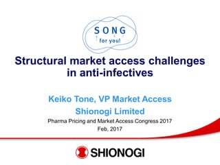 Structural market access challenges
in anti-infectives
Keiko Tone, VP Market Access
Shionogi Limited
Pharma Pricing and Market Access Congress 2017
Feb, 2017
 