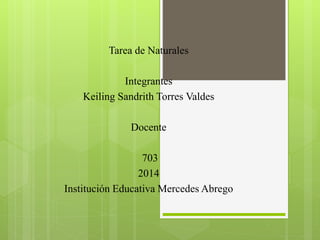 Tarea de Naturales 
Integrantes 
Keiling Sandrith Torres Valdes 
Docente 
703 
2014 
Institución Educativa Mercedes Abrego 
 