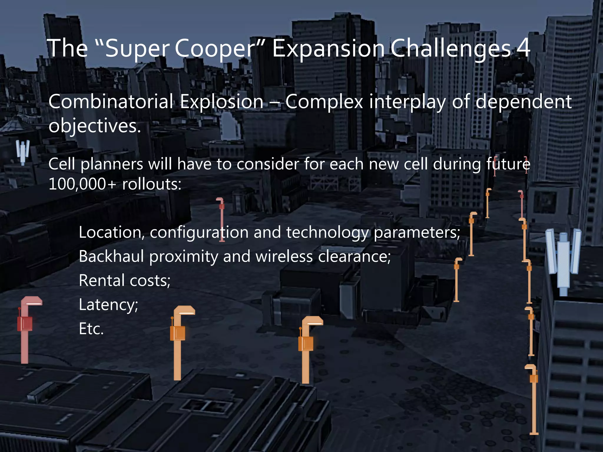 Combinatorial Explosion – Complex interplay of dependent
objectives.
The “Super Cooper” Expansion Challenges 4
Cell planners will have to consider for each new cell during future
100,000+ rollouts:
Location, configuration and technology parameters;
Backhaul proximity and wireless clearance;
Rental costs;
Latency;
Etc.
 