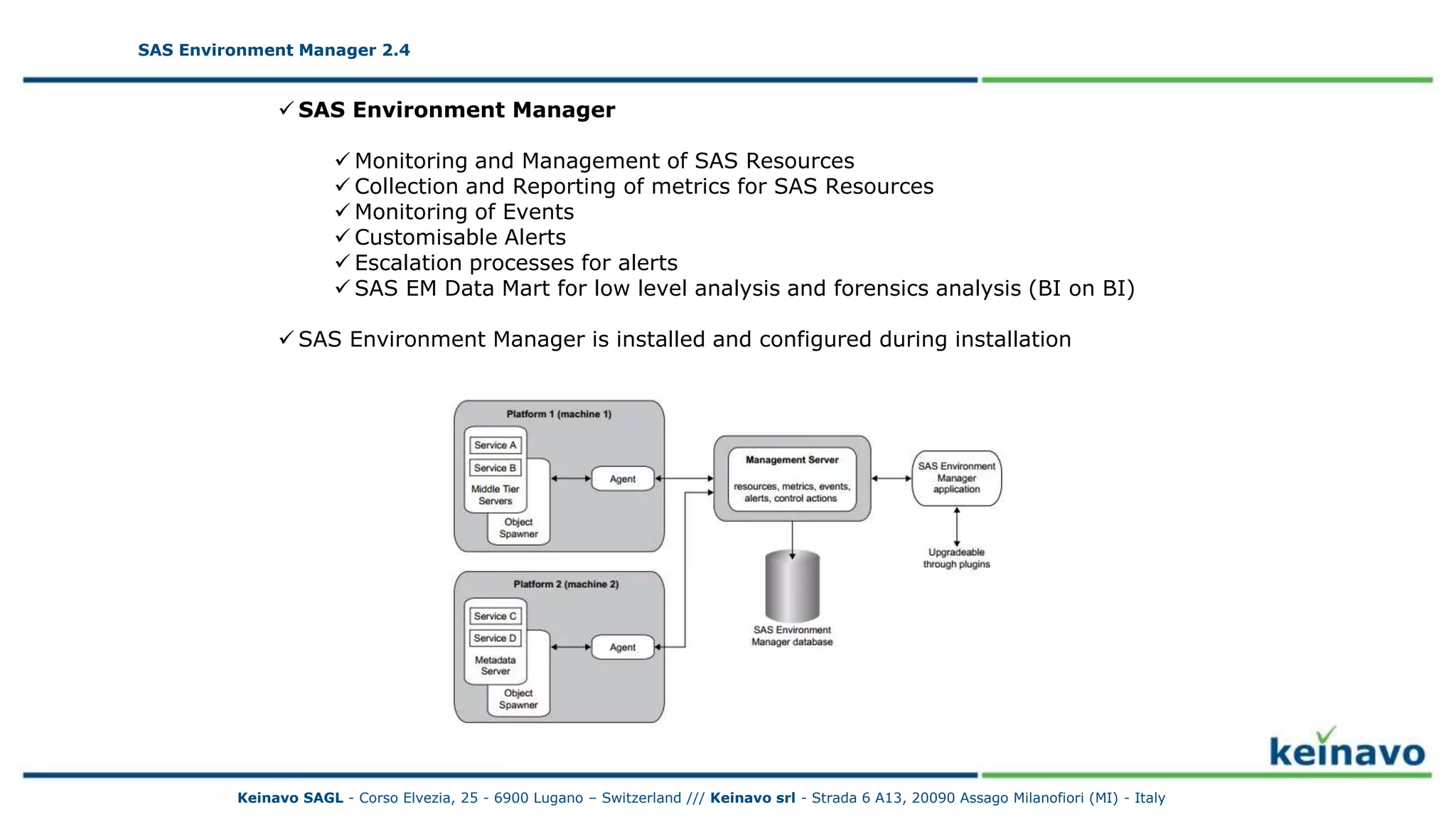 SAS Environment Manager 2.4 – Logical
Architecture
SAS Environment Manager 2.4
 SAS Environment Manager
 Monitoring and Management of SAS Resources
 Collection and Reporting of metrics for SAS Resources
 Monitoring of Events
 Customisable Alerts
 Escalation processes for alerts
 SAS EM Data Mart for low level analysis and forensics analysis (BI on BI)
 SAS Environment Manager is installed and configured during installation
Keinavo SAGL - Corso Elvezia, 25 - 6900 Lugano – Switzerland /// Keinavo srl - Strada 6 A13, 20090 Assago Milanofiori (MI) - Italy
 
