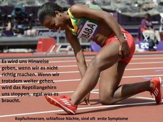 Es wird uns Hinweise
geben, wenn wir es nicht
richtig machen. Wenn wir
trotzdem weiter gehen,
wird das Reptiliangehirn
uns stoppen, egal was es
braucht.
Kopfschmerzen, schlaflose Nächte, sind oft erste Symptome
 