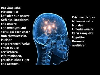 Das Limbische
System: Hier
befinden sich unsere
Gefühle, Emotionen
und unsere
Erinnerungen und
vor allem auch unser
Unterbewusstsein.
In einer
ungeordneten Weise
erhält es alle
verfügbaren
Informationen,
praktisch ohne Filter
und Grenzen.
Erinnere dich, es
ist immer aktiv.
Nur das
Unterbewussts
kann komplexe
kognitive
Prozesse
ausführen.
 