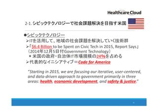2-1. シビックテクノロジーで社会課題解決を目指す米国
シビックテクノロジー
ITを活用して、地域の社会課題を解決していく技術群
「$6.4 Billion to be Spent on Civic Tech in 2015, Report Says」
（2014年12月5日付Government Technology）
＊米国の政府・自治体IT市場規模の24％を占める
代表的なイニシアティブ＝Code for America
“Starting in 2015, we are focusing our iterative, user-centered,
and data-driven approach to government primarily in three
areas: health, economic development, and safety & justice.”
18
 