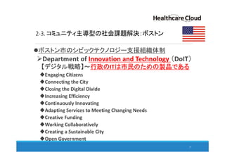 2-3. コミュニティ主導型の社会課題解決：ボストン
ボストン市のシビックテクノロジー支援組織体制
Department of Innovation and Technology （DoIT）
【デジタル戦略】～行政のITは市民のための製品である
Engaging Citizens
Connecting the City
Closing the Digital Divide
Increasing Efficiency
Continuously Innovating
Adapting Services to Meeting Changing Needs
Creative Funding
Working Collaboratively
Creating a Sustainable City
Open Government
27
 
