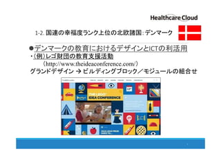 1-2. 国連の幸福度ランク上位の北欧諸国：デンマーク
デンマークの教育におけるデザインとICTの利活用
7
・（例）レゴ財団の教育支援活動
（http://www.theideaconference.com/）
グランドデザイン ビルディングブロック／モジュールの組合せ
 