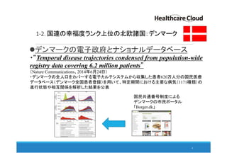 1-2. 国連の幸福度ランク上位の北欧諸国：デンマーク
デンマークの電子政府とナショナルデータベース
8
・“Temporal disease trajectories condensed from population-wide
registry data covering 6.2 million patients”
（Nature Communications、2014年6月24日）
・デンマークの全人口をカバーする電子カルテシステムから収集した患者620万人分の国民医療
データベース（デンマーク全国患者登録）を用いて、特定期間における主要な病気（1171種類）の
進行状態や相互関係を解析した結果を公表
国民共通番号制度による
デンマークの市民ポータル
「Borger.dk」
 