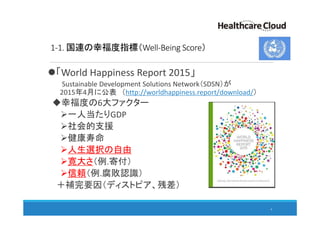 1-1. 国連の幸福度指標（Well-Being Score）
「World Happiness Report 2015」
Sustainable Development Solutions Network（SDSN）が
2015年4月に公表 ...