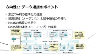 • 形式やAPIの標準化の推進
• 協調領域（オープン化）と競争領域の明確化
• MaaSの構築の容易化
• MaaS間の連携（ローミング）の実現
方向性1: データ連携のポイント
 