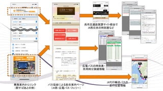 乗換案内からリンク
（駅すぱあとの例）
バス協会による総合案内ページ
（JR西・広電バス・フェリー）
呉市交通政策課サイト経由で
JR西日本の時刻表など
広電バスの時刻表・
所用時分実績情報
JR代行輸送バスの
走行位置情報
 