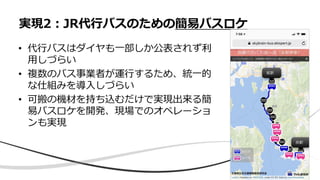 • 代行バスはダイヤも一部しか公表されず利
用しづらい
• 複数のバス事業者が運行するため、統一的
な仕組みを導入しづらい
• 可搬の機材を持ち込むだけで実現出来る簡
易バスロケを開発、現場でのオペレーショ
ンも実現
実現2：JR代行バスのための簡易バスロケ
 