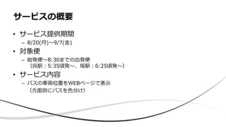 • サービス提供期間
– 8/20(月)～9/7(金)
• 対象便
– 始発便～8:30までの出発便
（呉駅：5:35頃発～、坂駅：6:25頃発～）
• サービス内容
– バスの車両位置をWEBページで表示
（方面別にバスを色分け）
サービスの概要
 