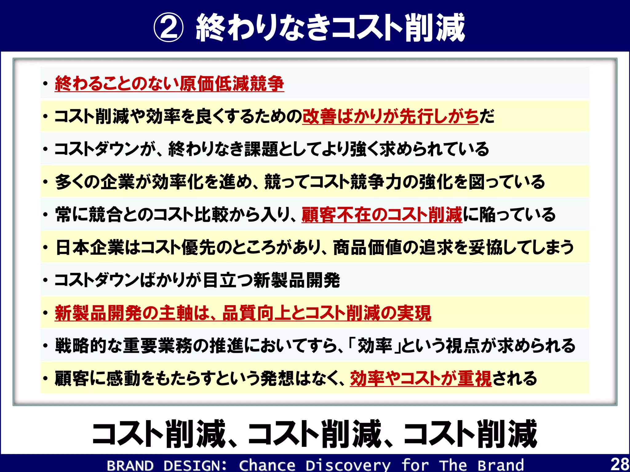 BRAND DESIGN： Chance Discovery for The Brand
コスト削減、コスト削減、コスト削減
・ 終わることのない原価低減競争
・ コスト削減や効率を良くするための改善ばかりが先行しがちだ
・ コストダウンが、終わりなき課題としてより強く求められている
・ 多くの企業が効率化を進め、競ってコスト競争力の強化を図っている
・ 常に競合とのコスト比較から入り、顧客不在のコスト削減に陥っている
・ 日本企業はコスト優先のところがあり、商品価値の追求を妥協してしまう
・ コストダウンばかりが目立つ新製品開発
・ 新製品開発の主軸は、品質向上とコスト削減の実現
・ 戦略的な重要業務の推進においてすら、「効率」という視点が求められる
・ 顧客に感動をもたらすという発想はなく、効率やコストが重視される
② 終わりなきコスト削減
28
 