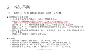 3．感染予防
休憩時および練習間
 コート使用者が変わる場合は、10分以上間隔を空ける。
 2時間ごとに練習場使用時間を区切り、30分以上換気の時間を設ける。
→夏季休暇中の練習では最長90分ごとに10分以上の換気時間を設ける。
 選手間、選手・コーチ間の距離を極力1 m以上、可能であれば2 m以上空ける。
 浴室・シャワールームの使用はこまめな換気を実施するとともに、一回に利用する人数
は10名以下とする。
 部室は更衣等の必要最低限の利用に抑え、使用時は常に換気する。部室の同時使用は5名
以下とする。
 準備や休憩で練習場外の廊下は使用しない。
その他
 選手同士の直接的な接触（握手、ハグ、その他）を避ける。
 感染可能性のある人との接触機会、病気の人との濃厚接触を極力避ける。
 呼吸衛生を遵守する（咳・くしゃみ）。 ※マスクは個人で用意する
 衛生用消耗品（消毒液、石鹸、使い捨て手袋、ティッシュ、等）の用意。
3.1．期間① 緊急事態宣言移行期間（~7/31）
体育会卓球部 活動ロードマップ 7
 