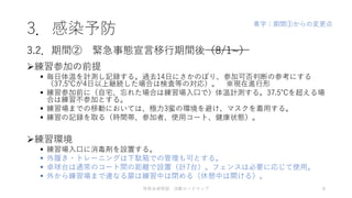 3．感染予防
練習参加の前提
 毎日体温を計測し記録する。過去14日にさかのぼり、参加可否判断の参考にする
（37.5℃が4日以上継続した場合は検査等の対応）。 ※現在進行形
 練習参加前に（自宅、忘れた場合は練習場入口で）体温計測する。37.5℃を超える場
合は練習不参加とする。
 練習場までの移動においては、極力3蜜の環境を避け、マスクを着用する。
 練習の記録を取る（時間帯、参加者、使用コート、健康状態）。
練習環境
 練習場入口に消毒剤を設置する。
 外履き・トレーニングは下駄箱での管理も可とする。
 卓球台は通常のコート間の距離で設置（計7台）。フェンスは必要に応じて使用。
 外から練習場まで連なる扉は練習中は閉める（休憩中は開ける）。
3.2．期間② 緊急事態宣言移行期間後（8/1~）
体育会卓球部 活動ロードマップ 8
青字：期間①からの変更点
 