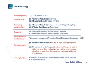 Methodology
3
Dates of polling 17th - 19th March 2015
Sample Size (a) General Population: (n=415)
(b) Households with Cars...