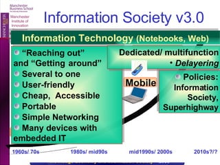 Information Society v3.0 Information Technology  (Notebooks, Web) Distant Local Mobile Ubiquitous 1960s/ 70s  1980s/ mid90s  mid1990s/ 2000s  2010s?/?  “ Reaching out”  and “Getting  around” Several to one User-friendly Cheap,  Accessible Portable Simple Networking Many devices with  embedded IT Policies: Information Society, Superhighway Dedicated/ multifunction Delayering 