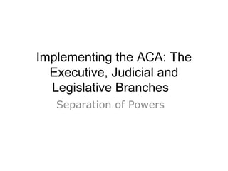 Implementing the ACA: The 
Executive, Judicial and 
Legislative Branches 
Separation of Powers 
 